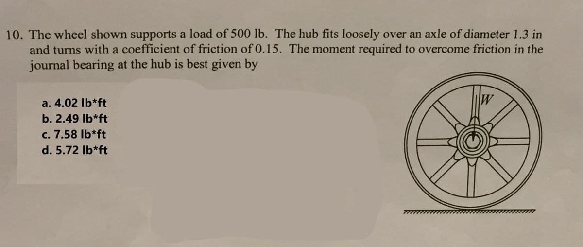 10. The wheel shown supports a load of 500 lb. The hub fits loosely over an axle of diameter 1.3 in
and turns with a coefficient of friction of 0.15. The moment required to overcome friction in the
journal bearing at the hub is best given by
a. 4.02 lb*ft
b. 2.49 lb*ft
c. 7.58 lb*ft
d. 5.72 lb*ft