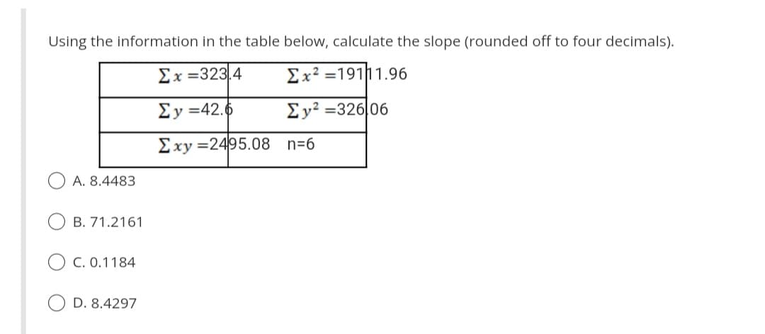 Using the information in the table below, calculate the slope (rounded off to four decimals).
Ex=323|4
Σx2 =191|1.96
Ey=42.6
Ey2 =326|06
Exy=2495.08
n=6
A. 8.4483
B. 71.2161
C. 0.1184
D. 8.4297