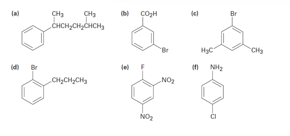 (a)
(d) Br
CH3
CHCH₂CH₂CHCH3
CH3
CH₂CH₂CH3
(b) CO₂H
(e) F
NO₂
Br
NO₂
(c)
(f)
H3C
NH₂
CI
Br
CH3