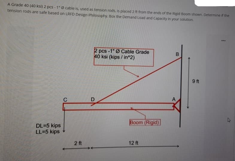 A Grade 40 (40 ksi) 2 pcs -1" Ø cable is, used as tension rods, is placed 2 ft from the ends of the Rigid Boom shown. Determine if the
tension rods are safe based on LRFD Design Philosophy. Box the Demand Load and Capacity in your solution.
2 pcs -1" Ø Cable Grade
40 ksi (kips / in^2)
9 ft
A
C
Boom (Rigid)
DL=5 kips
LL=5 kips
2 ft
12 ft
