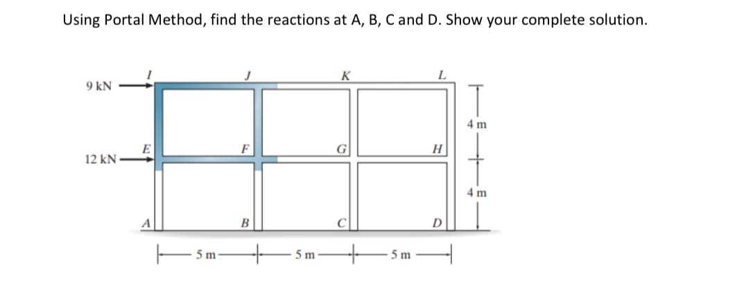 Using Portal Method, find the reactions at A, B, C and D. Show your complete solution.
K
L
9 kN
4 m
E
H
12 kN
4 m
A
B
C
D
5 m
5 m
5 m
