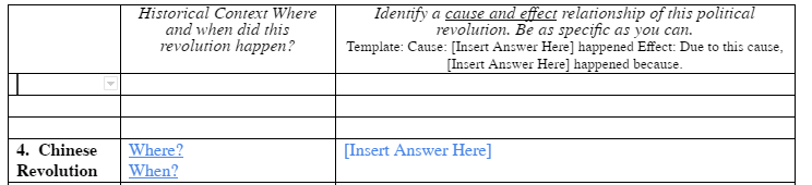 Historical Context Where
and when did this
revolution happen?
4. Chinese Where?
Revolution When?
Identify a cause and effect relationship of this political
revolution. Be as specific as you can.
Template: Cause: [Insert Answer Here] happened Effect: Due to this cause,
[Insert Answer Here] happened because.
[Insert Answer Here]