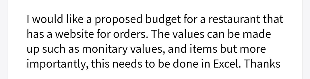 I would like a proposed budget for a restaurant that
has a website for orders. The values can be made
up such as monitary values, and items but more
importantly, this needs to be done in Excel. Thanks
