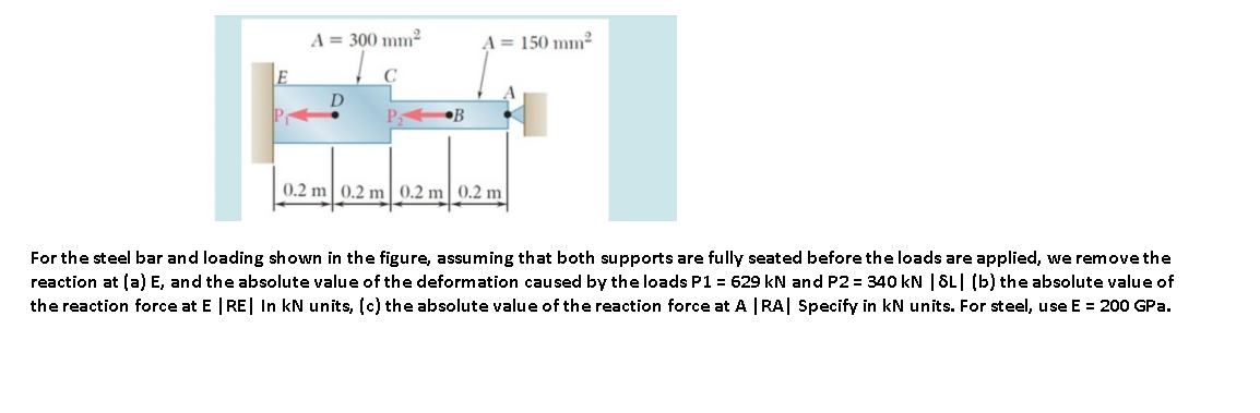 A = 300 mm²
A = 150 mm²
E
D
P.
•B
0.2 m| 0.2 m| 0.2 m| 0.2 m
For the steel bar and loading shown in the figure, assuming that both supports are fully seated before the loads are applied, we remove the
reaction at (a) E, and the absolute value of the deformation caused by the loads P1 = 629 kN and P2 = 340 kN | SL| (b) the absolute value of
the reaction force at E | RE| In kN units, (c) the absolute value of the reaction force at A |RA| Specify in kN units. For steel, use E = 200 GPa.
