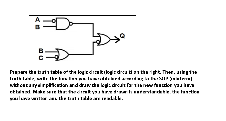 A
B
Prepare the truth table of the logic circuit (logic circuit) on the right. Then, using the
truth table, write the function you have obtained according to the SOP (minterm)
without any simplification and draw the logic circuit for the new function you have
obtained. Make sure that the circuit you have drawn is understandable, the function
you have written and the truth table are readable.
