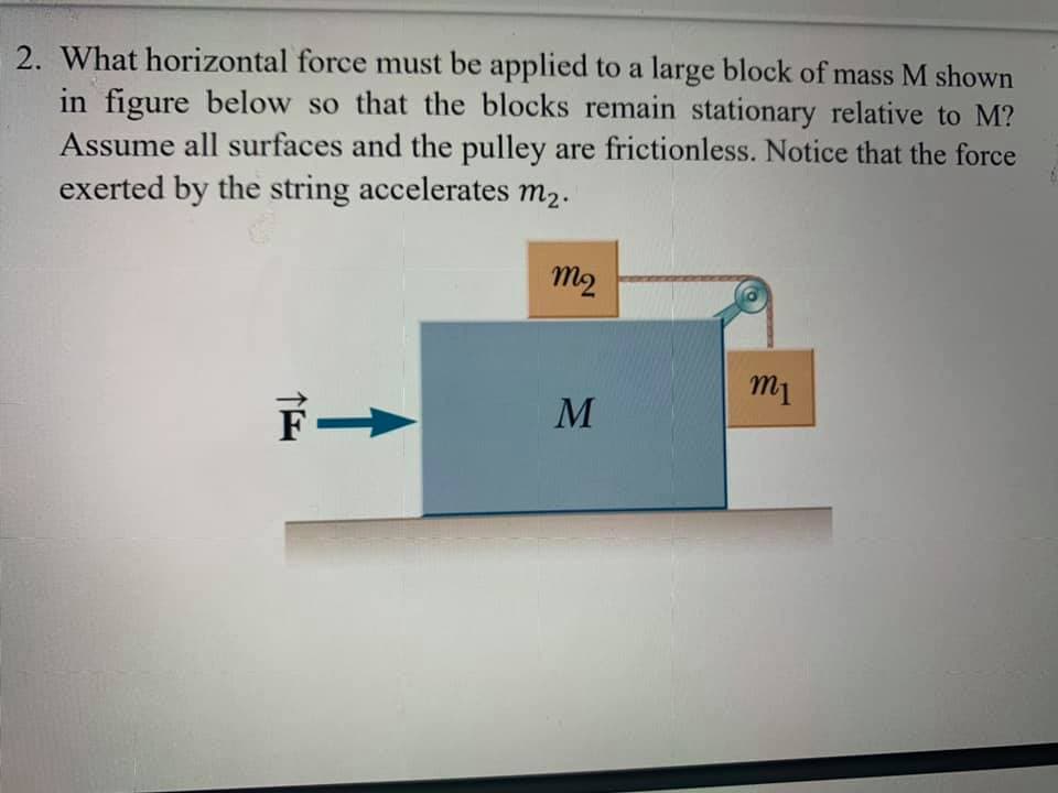 2. What horizontal force must be applied to a large block of mass M shown
in figure below so that the blocks remain stationary relative to M?
Assume all surfaces and the pulley are frictionless. Notice that the force
exerted by the string accelerates m2.
m2
m1
M
