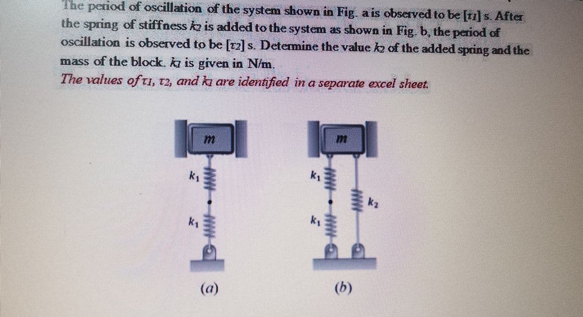 The period of oscillation of the system shown in Fig. a is observed to be [t1] s. After
the spring of stiffness ka is added to the system as shown in Fig. b, the period of
oscillation is observed to be [72] s. Detemine the value k2 of the added spring and the
mass of the block. ki is given in N/m.
The values ofti, t2, and ka are identified in a separate excel sheet.
k1
k1
kz
ky
(a)
(b)
