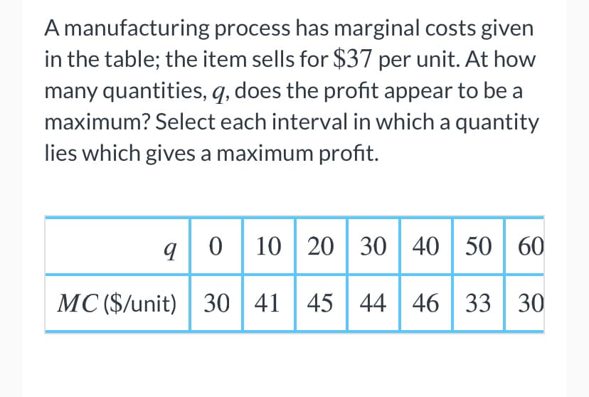 A manufacturing process has marginal costs given
in the table; the item sells for $37 per unit. At how
many quantities, q, does the profit appear to be a
maximum? Select each interval in which a quantity
lies which gives a maximum profit.
9 0
0 10 | 20 30 40 | 50 60
MC ($/unit) 30 | 41 | 45 | 44 46 | 33 | 30
