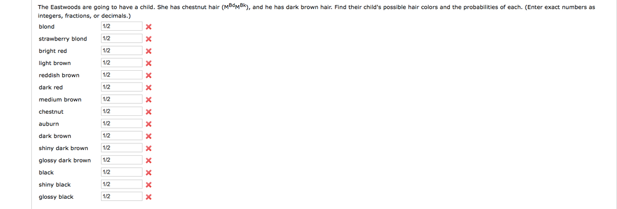 The Eastwoods are going to have a child. She has chestnut hair (MBDMBK), and he has dark brown hair. Find their child's possible hair colors and the probabilities of each. (Enter exact numbers as
integers, fractions, or decimals.)
blond
1/2
strawberry blond
1/2
bright red
1/2
light brown
1/2
reddish brown
1/2
dark red
1/2
medium brown
1/2
chestnut
1/2
auburn
1/2
dark brown
1/2
shiny dark brown
1/2
glossy dark brown
1/2
black
1/2
shiny black
1/2
glossy black
1/2
