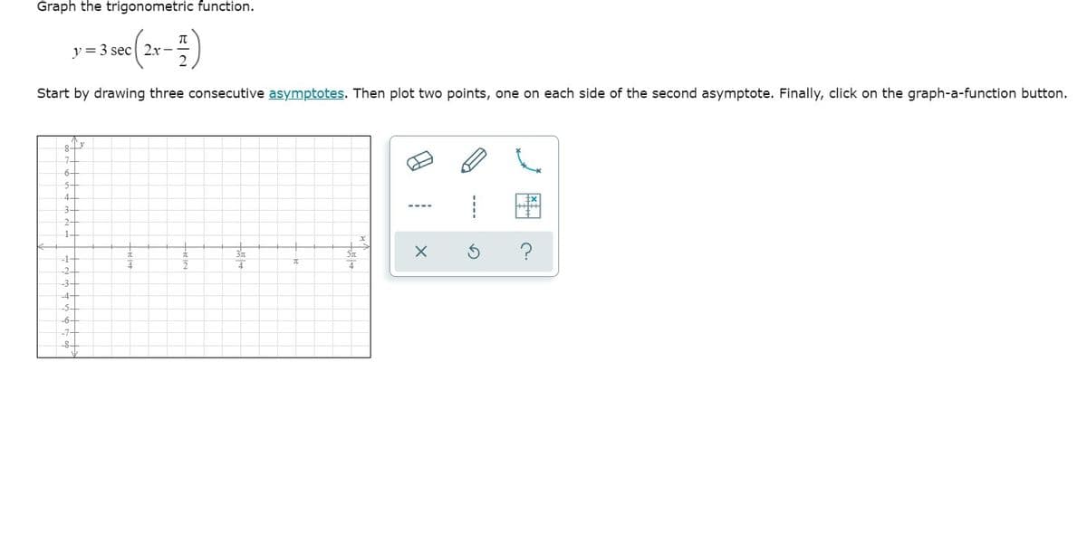 Graph the trigonometric function.
y = 3 sec 2.x-
2
Start by drawing three consecutive asymptotes. Then plot two points, one on each side of the second asymptote. Finally, click on the graph-a-function button.
6-
4-
3-
2-
1-
?
-1
4
-2.
-4
-6-
---.
