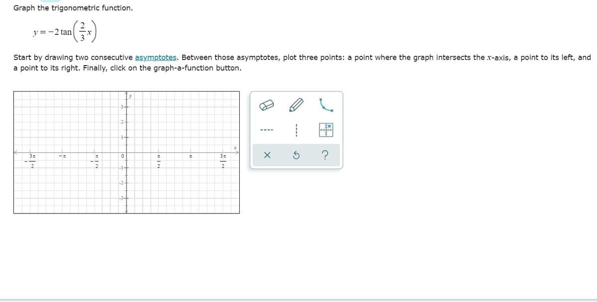 Graph the trigonometric function.
y =-2 tan
Start by drawing two consecutive asymptotes. Between those asymptotes, plot three points: a point where the graph intersects the x-axis, a point to its left, and
a point to its right. Finally, click on the graph-a-function button.
y
3-
2-
1-
3
-1+
-2-
----
