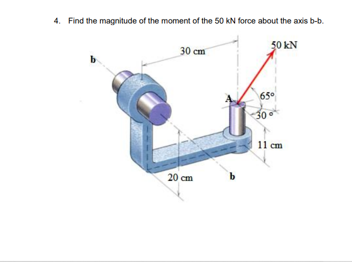 4. Find the magnitude of the moment of the 50 kN force about the axis b-b.
50 kN
30 cm
b
65°
30 o
11 cm
20 cm
b.
