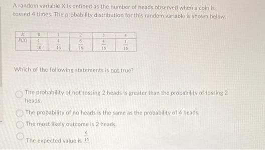 A random variable X is defined as the number of heads observed when a coin is
tossed 4 times. The probability distribution for this random variable is shown below.
X
P(X)
0
1
16
4
16
2
6
16
3
4
16
4
1
16
Which of the following statements is not true?
The probability of not tossing 2 heads is greater than the probability of tossing 2
heads,
The probability of no heads is the same as the probability of 4 heads.
The most likely outcome is 2 heads.
The expected value is 16