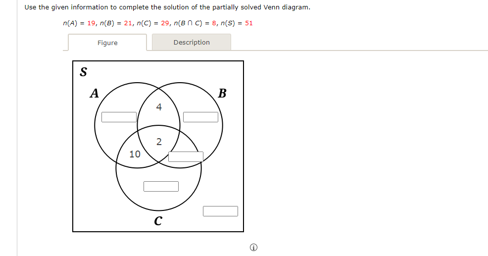 Use the given information to complete the solution of the partially solved Venn diagram.
n(A) = 19, n(B) = 21, n(C) = 29, n(BC) = 8, n(S) = 51
Figure
S
A
10
C
Description
B