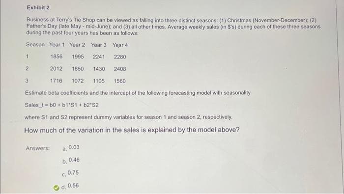 Exhibit 2
Business at Terry's Tie Shop can be viewed as falling into three distinct seasons: (1) Christmas (November-December); (2)
Father's Day (late May - mid-June); and (3) all other times. Average weekly sales (in $'s) during each of these three seasons
during the past four years has been as follows:
Season Year 1 Year 2
Year 3
Year 4.
1856
1995
2241
2280
2012 1850
1430
2408
1716 1072 1105
1560
Estimate beta coefficients and the intercept of the following forecasting model with seasonality.
Sales_t=b0+ b1'S1 + b2 S2
1
2
3
where S1 and S2 represent dummy variables for season 1 and season 2, respectively.
How much of the variation in the sales is explained by the model above?
Answers:
a, 0.03
b. 0.46
c, 0.75
d. 0.56