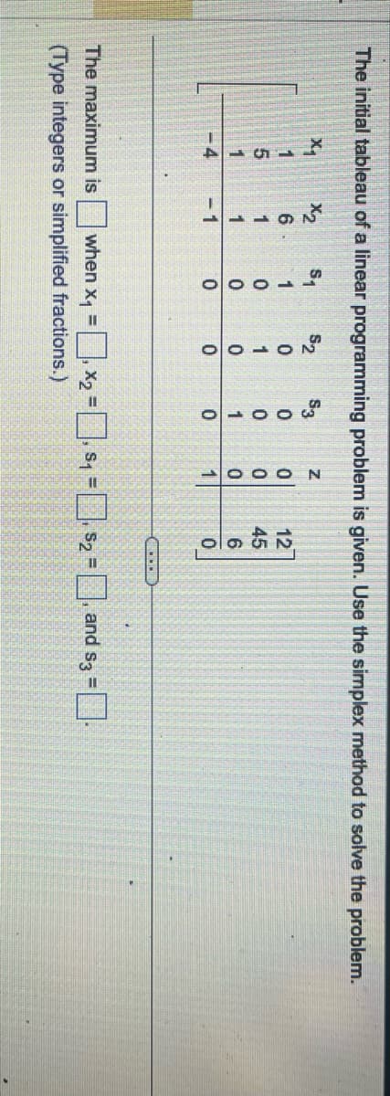 The initial tableau of a linear programming problem is given. Use the simplex method to solve the problem.
X2
$1
Z
6
1
0
0
0
12
5
1
0
1
0
0
45
1
1
0
0
1
0
6
1
0
0
0
1
0
The maximum is
when x₁ = x2 = ☐, S₁ = $2 =, and S3 =
(Type integers or simplified fractions.)