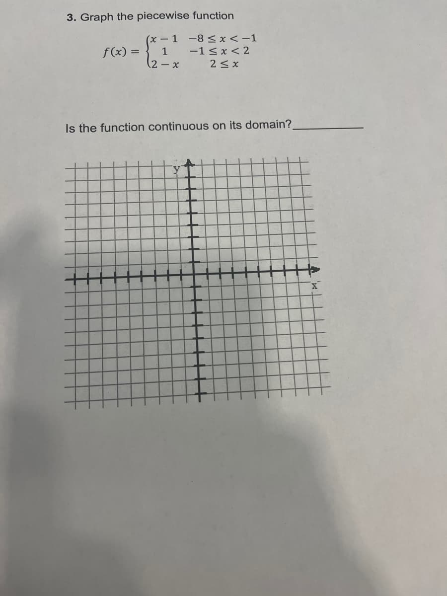 3. Graph the piecewise function
f(x) =
(x-1 -8 < x < -1
-1 ≤x≤ 2
2 ≤ x
1
(2 - x
o
Is the function continuous on its domain?
y
L
1
K