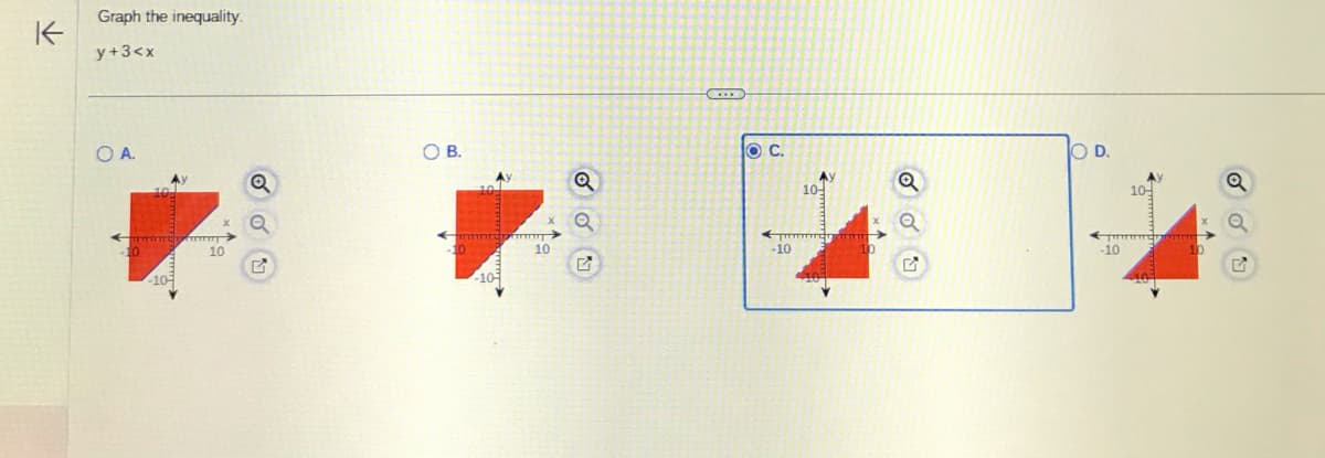 K
Graph the inequality.
y+3<x
OA.
Ay
wwwwcom>
-103
10
Q
Q
OB.
nepfinni
-10
10
Q
CE
OC.
-10
10
Q
O D.
-10
10
10
Q