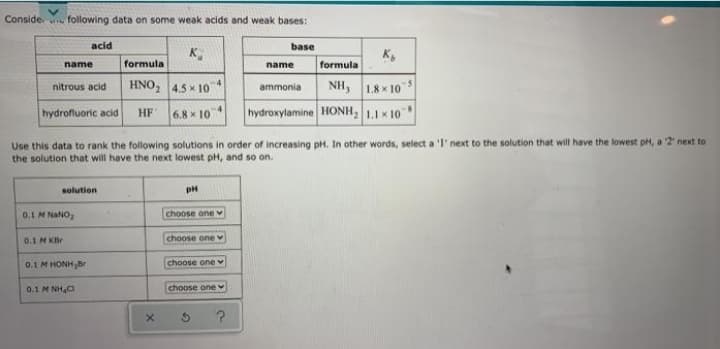 Conside. e following data on some weak acids and weak bases:
acid
base
K,
K
name
formula
name
formula
HNO, 4.5 x 10
-4
1.8x 10
hydroxylamine HONH, 1.1 x 10
nitrous acid
ammonia
NH,
hydrofluoric acid
HF
6.8 x 10
Use this data to rank the following solutions in order of increasing pH. In other words, select a 'I' next to the solution that will have the lowest pH, a 2 next to
the solution that will have the next lowest pH, and so on.
solution
0.1 M NANO,
choose onev
0.1 M KBr
choose one
0.1 M HONHB
choose one
0.1 M NHC
choose one
