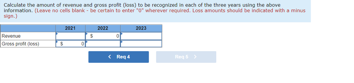 Calculate the amount of revenue and gross profit (loss) to be recognized in each of the three years using the above
information. (Leave no cells blank - be certain to enter "0" wherever required. Loss amounts should be indicated with a minus
sign.)
Revenue
Gross profit (loss)
$
2021
0
$
2022
0
< Req 4
2023
Req 5 >