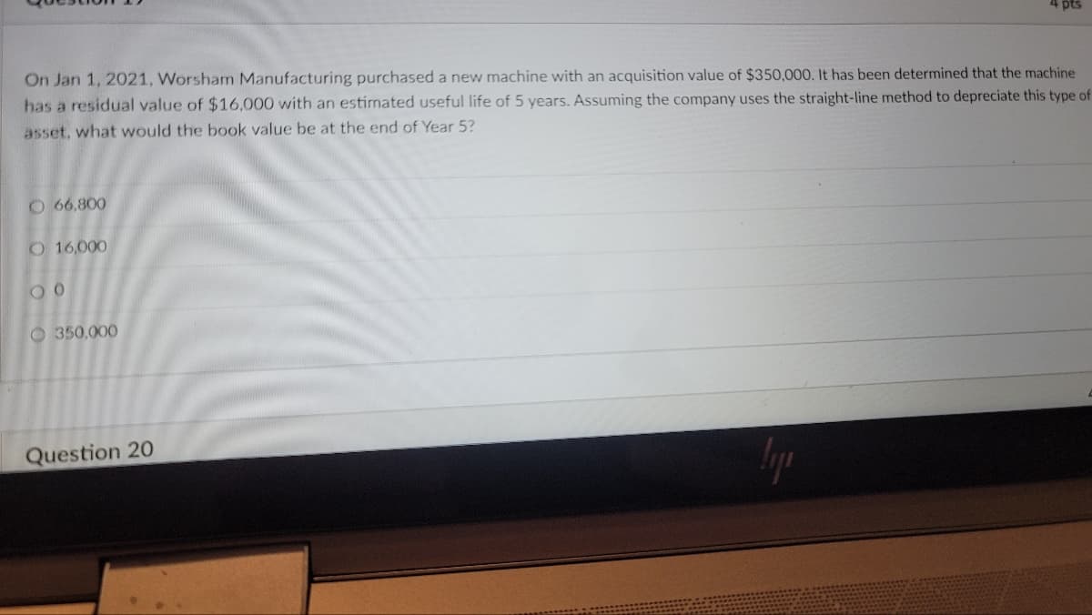 On Jan 1, 2021, Worsham Manufacturing purchased a new machine with an acquisition value of $350,000. It has been determined that the machine
has a residual value of $16,000 with an estimated useful life of 5 years. Assuming the company uses the straight-line method to depreciate this type of
asset, what would the book value be at the end of Year 5?
O66.800
O 16,000
00
350.000
Question 20
4 pts
lyr