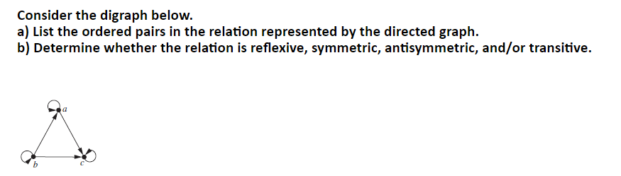 Consider the digraph below.
a) List the ordered pairs in the relation represented by the directed graph.
b) Determine whether the relation is reflexive, symmetric, antisymmetric, and/or transitive.
