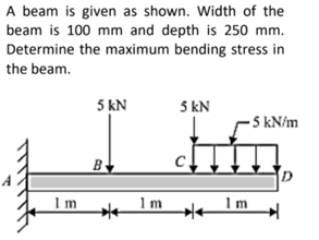 A beam is given as shown. Width of the
beam is 100 mm and depth is 250 mm.
Determine the maximum bending stress in
the beam.
5 kN
5 kN
- 5 kN/m
By
D.
I m
1m
1m
