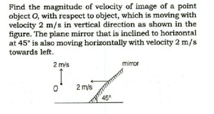 Find the magnitude of velocity of image of a point
object O, with respect to object, which is moving with
velocity 2 m/s in vertical direction as shown in the
figure. The plane mirror that is inclined to horizontal
at 45° is also moving horizontally with velocity 2 m/s
towards left.
2 m/s
mirror
2 m/s
45°
