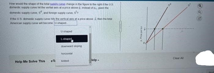 How would the shape of the total sunoly.curve change in the figure to the right if the US.
domestic supply curve hit the vertial axis at a price above p, instead of p, given the
domestic supply curve, S and toreign supply curve, S'?
If the U.S. domestic supply curve hits the vertical axis at a price above p, then the total
American supply curve will become U.shaped
U-shaped
L-shaped
downward sloping
horizontal
Clear All
e T
kinked
lelp-
Help Me Solve This
