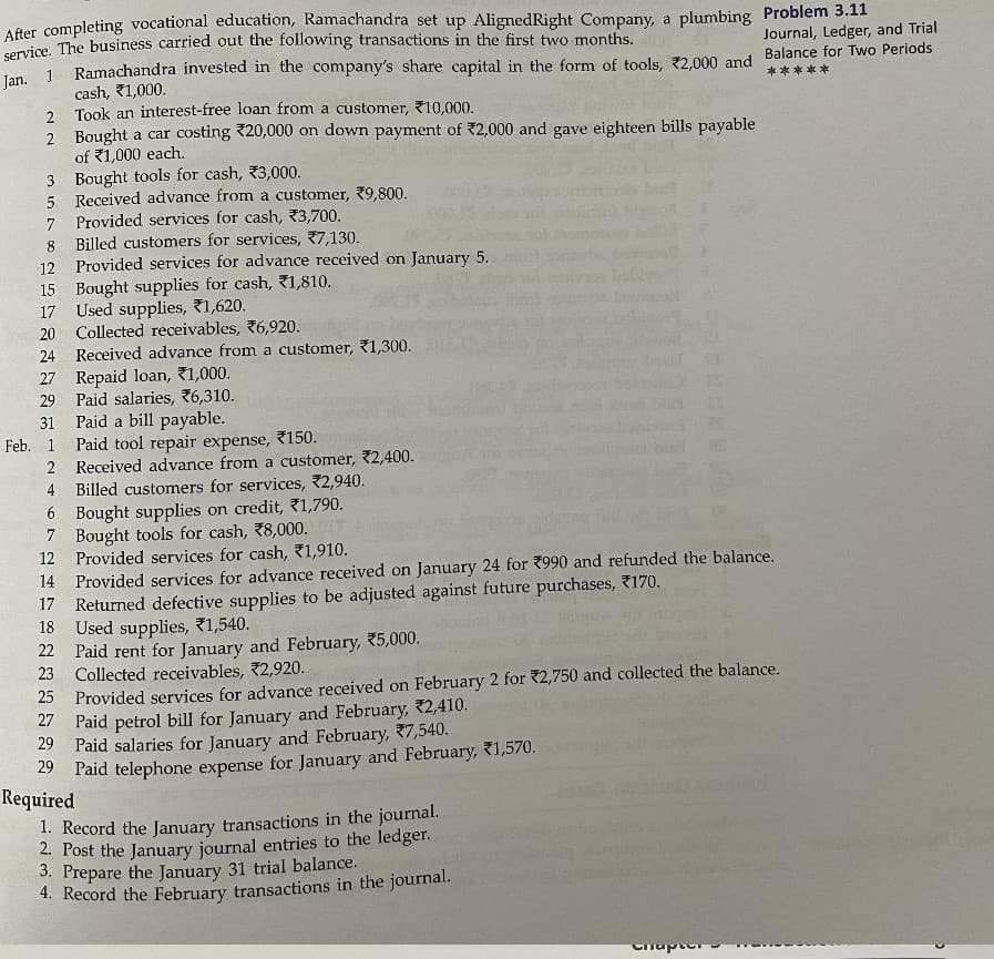 After completing vocational education, Ramachandra set up AlignedRight Company, a plumbing Problem 3.11
omvice. The business carried out the following transactions in the first two months.
Jan. 1 Ramachandra invested in the company's share capital in the form of tools, 2.000 and Balance for Two Periods
Journal, Ledger, and Trial
cash, 1,000.
Took an interest-free loan from a customer, 10,000.
本本
2
2 Bought a car costing 20,000 on down payment of 2,000 and gave eighteen bills payable
of 1,000 each.
3 Bought tools for cash, 33,000.
5 Received advance from a customer, 79,800.
7 Provided services for cash, 3,700.
8 Billed customers for services, 7,130.
12 Provided services for advance received on January 5.
15 Bought supplies for cash, 1,810.
17 Used supplies, 1,620.
20 Collected receivables, 76,920.
24 Received advance from a customer, 1,300.
27 Repaid loan, 71,000.
29 Paid salaries, 76,310.
31
Paid a bill payable.
Paid tool repair expense, 150.
Received advance from a customer, 2,400.
Feb. 1
2
Billed customers for services, 72,940.
6 Bought supplies on credit, 71,790.
4
7 Bought tools for cash, 78,000.
12 Provided services for cash, 71,910.
14 Provided services for advance received on January 24 for 990 and refunded the balance.
17 Returned defective supplies to be adjusted against future purchases, 7170,
18 Used supplies, 1,540.
22 Paid rent for January and February, 5,000.
23 Collected receivables, 2,920.
Provided services for advance received on February 2 for 2,750 and collected the balance.
Paid petrol bill for January and February, 2,410.
27
25
29 Paid salaries for January and February, R7,540.
29 Paid telephone expense for January and February, 1,570.
Required
1. Record the January transactions in the journal.
2. Post the January journal entries to the ledger.
3. Prepare the January 31 trial balance.
4. Record the February transactions in the journal.
Chapter
