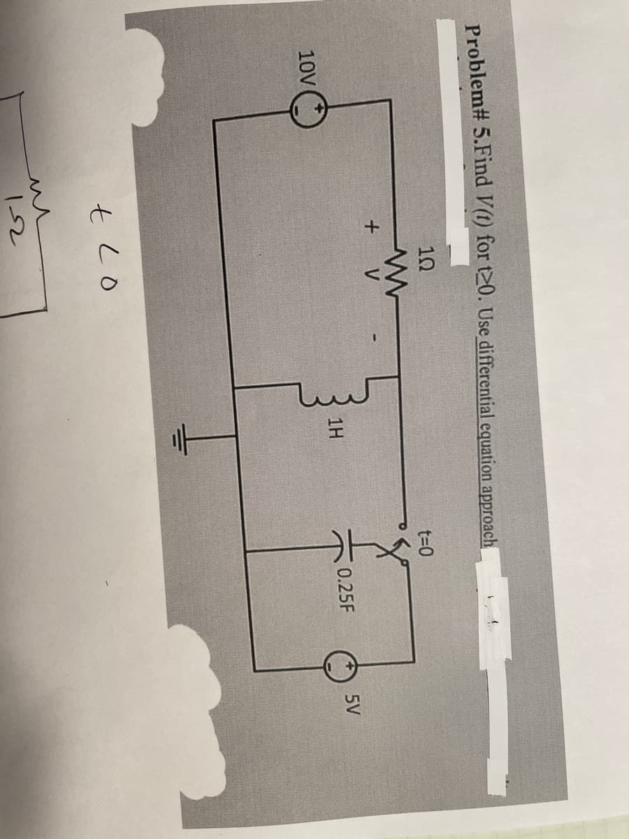 Problem# 5.Find V(1) for t20. Use differential equation approach
10V
10
www
+ V
tlo
ли
12
1H
t=0
0.25F
5V