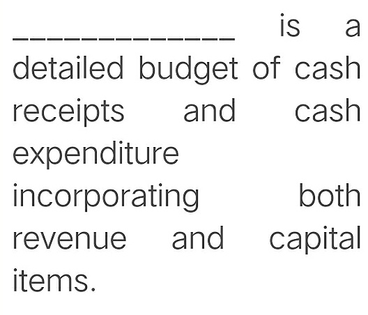 is
a
detailed budget of cash
receipts
expenditure
incorporating
and
cash
both
revenue
and
сapital
items.
