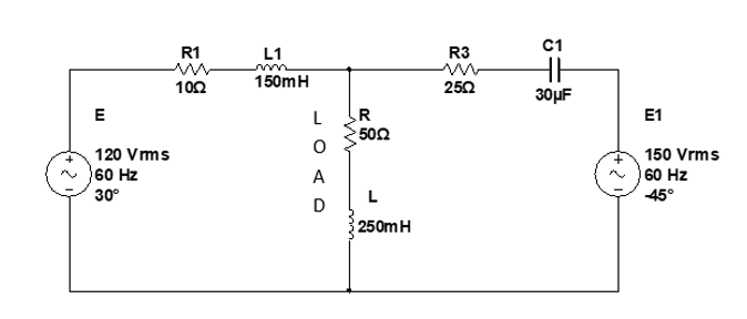 2
E
120 Vrms
60 Hz
30°
R1
10Ω
L1
150m H
L
A
D
R
• 50Ω
L
250m H
R3
2502
C1
HH
30μF
E1
150 Vrms
60 Hz
45°