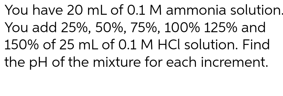 You have 20 mL of 0.1 M ammonia solution.
You add 25%, 50%, 75%, 100% 125% and
150% of 25 mL of 0.1 M HCl solution. Find
the pH of the mixture for each increment.