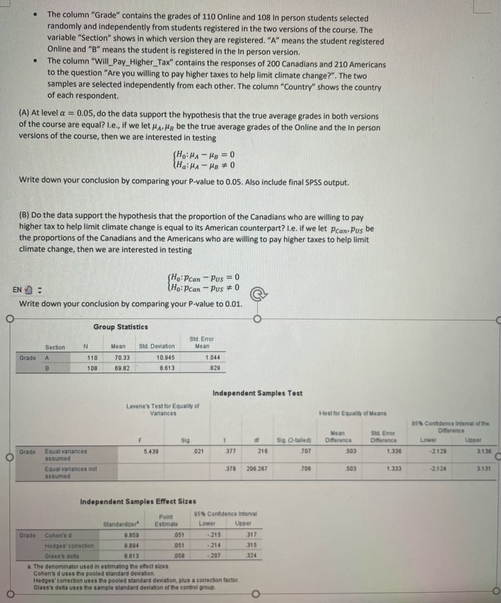 The column "Grade" contains the grades of 110 Online and 108 In person students selected
randomly and independently from students registered in the two versions of the course. The
variable "Section" shows in which version they are registered. "A" means the student registered
Online and "B" means the student is registered in the In person version.
The column "VWill_Pay_Higher_Tax" contains the responses of 200 Canadians and 210 Americans
to the question "Are you willing to pay higher taxes to help limit climate change?". The two
samples are selected independently from each other. The column "Country" shows the country
of each respondent.
(A) At level a = 0.05, do the data support the hypothesis that the true average grades in both versions
of the course are equal? I.e., if we let u, HB be the true average grades of the Online and the In person
versions of the course, then we are interested in testing
SHo: HA - HB = 0
0 + #1 – Vrl :"H
Write down your conclusion by comparing your P-value to 0.05. Also include final SPSS output.
(B) Do the data support the hypothesis that the proportion of the Canadians who are willing to pay
higher tax to help limit climate change is equal to its American counterpart? I.e. if we let Pcan, Pus be
the proportions of the Canadians and the Americans who are willing to pay higher taxes to help limit
climate change, then we are interested in testing
SHo:Pcan- Pus = 0
Ho:Pcan – Pus # 0
EN A:
Write down your conclusion by comparing your P-value to 0.01.
Group Statistics
Std. Error
Section
Mean
Std. Deviation
Mean
Grade
110
70.33
10.945
1.044
B
108
69.82
8.613
.829
Independent Samples Test
Levene's Test for Equality of
Variances
Hest for Equality of Means
95% Confidence Interval of the
Difference
Sig
Sig. (2-tailed)
Mean
Difference
Std. Error
Difference
df
Lower
Upper
Grade
Equal variances
5.439
.021
377
216
707
503
1.336
-2.129
3.136
assumed
Equal variances not
378
206.267
706
503
1.333
-2.124
3.131
assumed
Independent Samples Effect Sizes
95% Confidence Interval
Point
Standardizer
Estimate
Lower
Upper
Grade
Cohen's d
9.859
051
-215
317
Hedges' correction
9.894
051
-214
315
Glass's delta
8.613
058
-207
324
a. The denominator used in estimating the efect sizes.
Cohen's d uses the pooled standard deviation.
Hedges'correction uses the pooled standard deviation, plus a correction factor.
Glass's delta uses the sample standard deviation of the control group.
