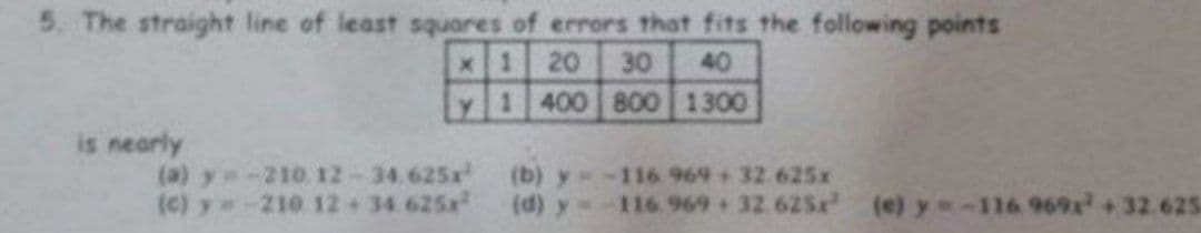 5. The straight line of least squares of errors that fits the following points
X
20 30 40
y 1 400
800 1300
is nearly
(a) y=-210. 12-34.625x²
(c) y=-210 12 +34.625x²
(b) y
(d) y
-116 969+32.625x
116.969 32.625x² (e) y=-116 969x +32.625