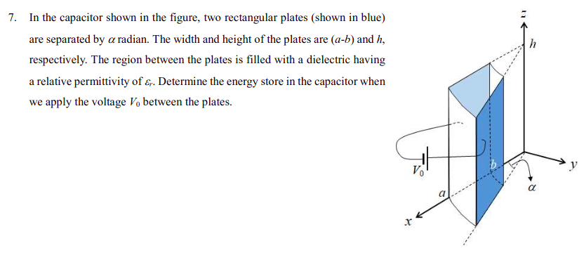 7. In the capacitor shown in the figure, two rectangular plates (shown in blue)
are separated by a radian. The width and height of the plates are (a-b) and h,
respectively. The region between the plates is filled with a dielectric having
a relative permittivity of €,. Determine the energy store in the capacitor when
we apply the voltage Vo between the plates.
