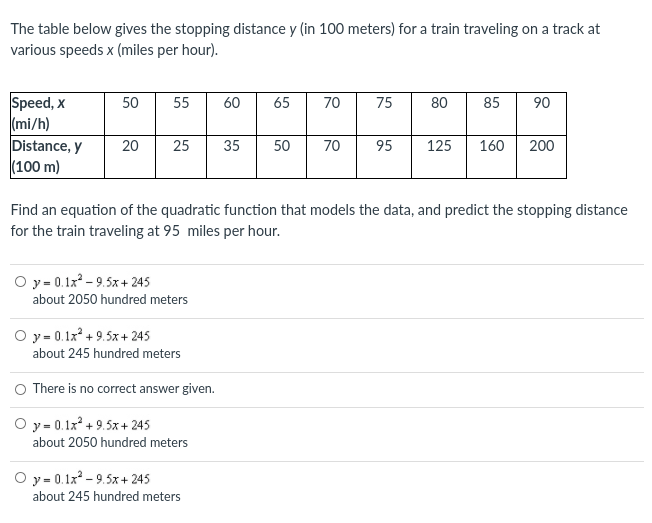 The table below gives the stopping distance y (in 100 meters) for a train traveling on a track at
various speeds x (miles per hour).
Speed, x
(mi/h)
Distance, y
(100 m)
50
55
60
65
70
75
80
85
90
20
25
35
50
70
95
125
160
200
Find an equation of the quadratic function that models the data, and predict the stopping distance
for the train traveling at 95 miles per hour.
O y = 0.1x2 - 9.5x+ 245
about 2050 hundred meters
y = 0.12 + 9.5x + 245
about 245 hundred meters
O There is no correct answer given.
y = 0.1x* + 9.5x + 245
about 2050 hundred meters
y = 0.1x - 9.5x+ 245
about 245 hundred meters
