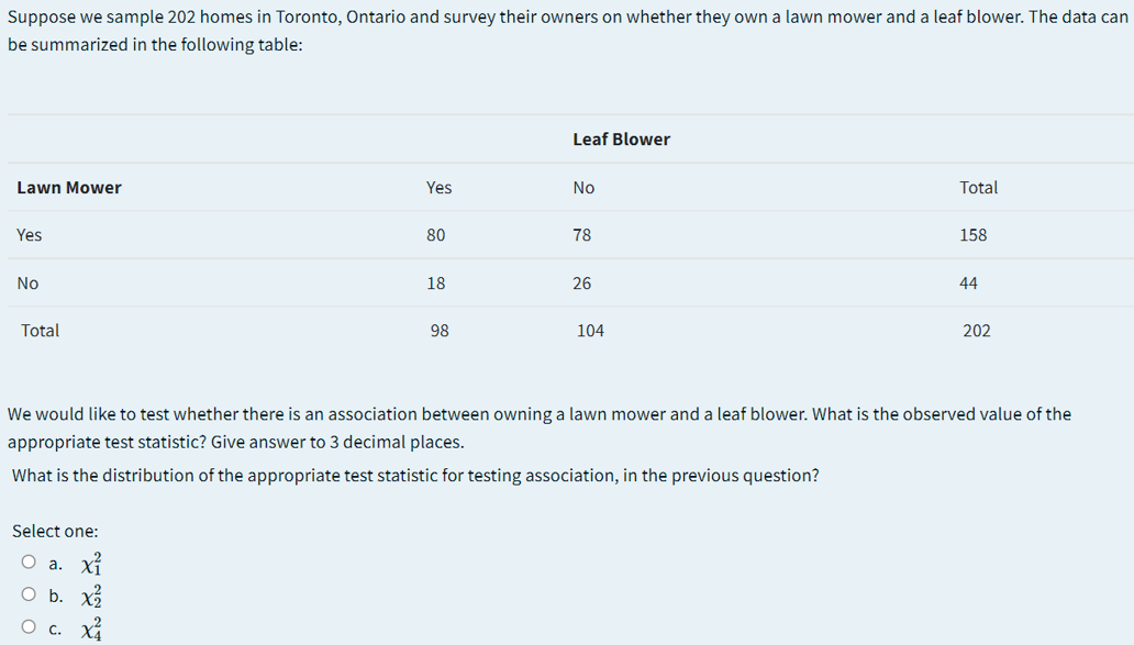 Suppose we sample 202 homes in Toronto, Ontario and survey their owners on whether they own a lawn mower and a leaf blower. The data can
be summarized in the following table:
Leaf Blower
Lawn Mower
Yes
No
Total
Yes
80
78
158
No
18
26
44
Total
98
104
202
We would like to test whether there is an association between owning a lawn mower and a leaf blower. What is the observed value of the
appropriate test statistic? Give answer to 3 decimal places.
What is the distribution of the appropriate test statistic for testing association, in the previous question?
Select one:
O a. xỉ
O b. x3
C.
