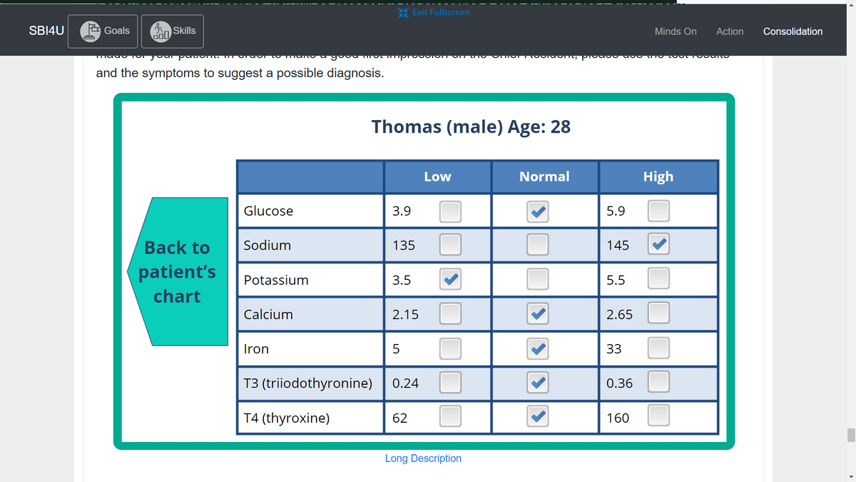 SBI4U
A
Exit Fullscreen
Thomas (male) Age: 28
Low
Normal
Goals
Skills
2
000
made for your patient
and the symptoms to suggest a possible diagnosis.
Glucose
Back to
Sodium
patient's
Potassium
chart
Calcium
Iron
T3 (triiodothyronine)
T4 (thyroxine)
3.9
135
3.5
2.15
5
0.24
62
Long Description
5.9
145
5.5
2.65
33
0.36
160
Minds On Action
High
Consolidation
"