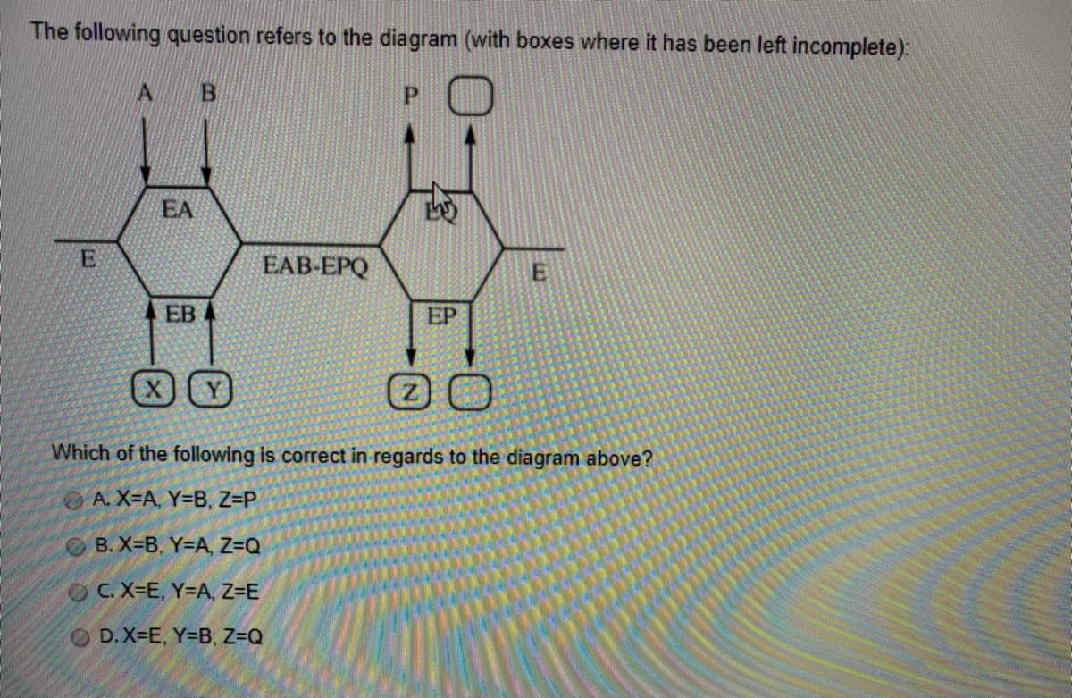 The following question refers to the diagram (with boxes where it has been left incomplete):
P.
EA
EAB-EPQ
EB 4
EP
(2)
Which of the following is correct in regards to the diagram above?
A. X-A, Y=B, Z=P
OB. X-B, Y=A, Z=Q
OC.X-E, Y=A, Z=E
D.X-E, Y-B, Z=Q
