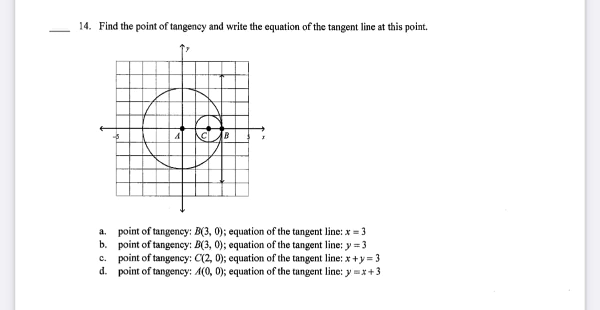 14. Find the point of tangency and write the equation of the tangent line at this point.
a. point of tangency: B(3, 0); equation of the tangent line: x = 3
b. point of tangency: B(3, 0); equation of the tangent line: y = 3
c. point of tangency: C(2, 0); equation of the tangent line: x +y= 3
d. point of tangency: A(0, 0); equation of the tangent line: y =x +3
