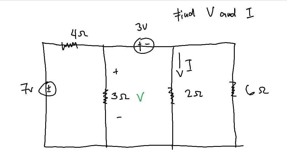 7v (1
45
tuss
+
3V
352 V
Find V and I
I
252
1622