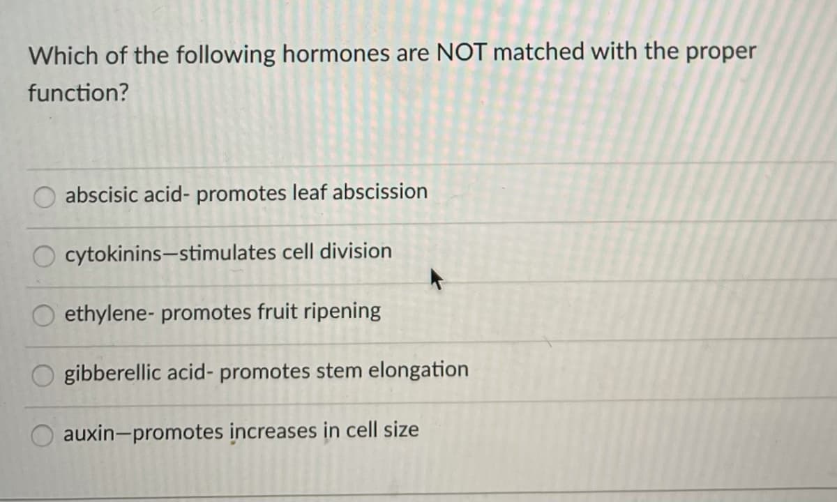 Which of the following hormones are NOT matched with the proper
function?
abscisic acid- promotes leaf abscission
cytokinins-stimulates cell division
ethylene- promotes fruit ripening
gibberellic acid- promotes stem elongation
auxin-promotes increases in cell size
