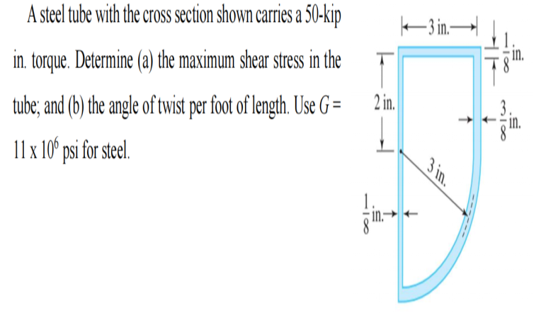 A steel tube with the croSs section shown carries a 50-kip
in.
in. torque. Determine (a) the maximum shear stress in the
2 in.
in.
tube; and (b) the angle of twist per foot of length. Use G =
3 in.
I1 x 10° psi for steel.
