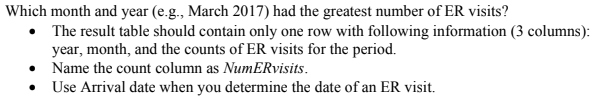 Which month and year (e.g., March 2017) had the greatest number of ER visits?
• The result table should contain only one row with following information (3 columns):
year, month, and the counts of ER visits for the period.
Name the count column as NumERvisits.
• Use Arrival date when you determine the date of an ER visit.
