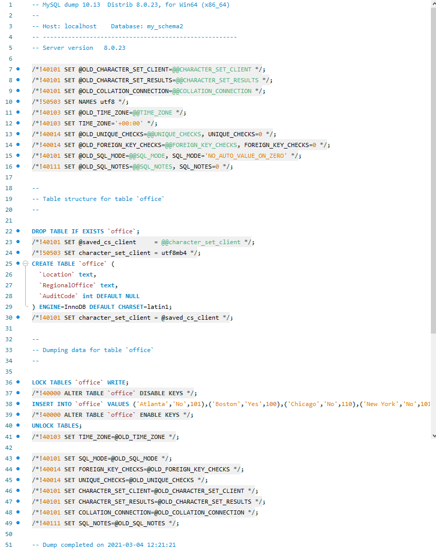 MYSQL dump 10.13
Distrib 8.0.23, for Win64 (x86_64)
--
2
3
-- Host: localhost
Database: my_schema2
4
--
-- Server version
8.0.23
/*!40101 SET @OLD_CHARACTER_SET_CLIENT=@@CHARACTER_SET_CLIENT */;
8 •
/*!40101 SET @OLD_CHARACTER_SET_RESULTS=@@CHARACTER_SET_RESULTS */;
/*!40101 SET @OLD_COLLATION_CONNECTION=@@COLLATION_CONNECTION */;
10 •
/*!50503 SET NAMES utf8 */;
11 •
/*!40103 SET @OLD_TIME_ZONE=@@TIME_ZONE */;
12 •
/*!40103 SET TIME_ZONE='+00:00' */;
13 •
/*!40014 SET MOLD UNIQUE CHECKS=@OUNIQUE CHECKS, UNIQUE CHECKS=0 */;
14 •
/*!40014 SET @OLD_FOREIGN_KEY_CHECKS=@0FOREIGN_KEY_CHECKS, FOREIGN_KEY_CHECKS= */;
15 •
/*!40101 SET @OLD_SQL_MODE=@@SQL_MODE, SQL_MODE='NO_AUTO_VALUE_ON_ZERO' */;
16 •
/*!40111 SET @OLD_SQL_NOTES=@@SQL_NOTES, SQL_NOTES=0 */;
17
18
19
-- Table structure for table office"
20
21
22 •
DROP TABLE IF EXISTS office';
23 •
/*!40101 SET @saved_cs_client
@@character_set_client */;
24 •
/*!50503 SET character_set_client = utf8mb4 */;
CREATE TABLE `office (
* Location text,
25 •
26
*Regionaloffice` text,
* AuditCode int DEFAULT NULL
27
28
29
) ENGINE=InnoDB DEFAULT CHARSET=latin1;
30 •
/*!40101 SET character_set_client = @saved_cs_client */;
31
32
33
Dumping data for table office
--
34
--
35
36 •
LOCK TABLES office WRITE;
37 •
/*!40000 ALTER TABLE `office DISABLE KEYS */;
38 •
INSERT INTO office VALUES ('Atlanta', 'No',101), ('Boston', 'Yes',100), ('Chicago', 'No',110), ('New York', 'No',101
39 •
/*!40000 ALTER TABLE `office ENABLE KEYS */;
40 •
UNLOCK TABLES;
41 •
/*!40103 SET TIME_ZONE=@OLD_TIME_ZONE */;
42
43 •
/*!40101 SET SQL_MODE=@OLD_SQL_MODE */;
44 •
/*!40014 SET FOREIGN_KEY_CHECKS=@OLD_FOREIGN_KEY_CHECKS */;
45 •
/*!40014 SET UNIQUE_CHECKS=@OLD_UNIQUE_CHECKS */;
46 •
/*!40101 SET CHARACTER_SET_CLIENT=@OLD_CHARACTER_SET_CLIENT */;
47 •
/*!40101 SET CHARACTER_SET_RESULTS=@OLD_CHARACTER_SET_RESULTS */;
48 •
/*!40101 SET COLLATION_CONNECTION=@OLD_COLLATION_CONNECTION */;
49 •
/*!40111 SET SQL_NOTES=@OLD_SQL_NOTES */;
50
51
-- Dump completed on 2021-03-04 12:21:21
