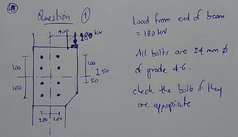 100
100
180
Question ①
200200
400
180 kv
100
150
Load from end of beam
= 180 k
All bolts are 24 mm
of
пт ф
grade 4.6.
check the bolts if they
re appropriate