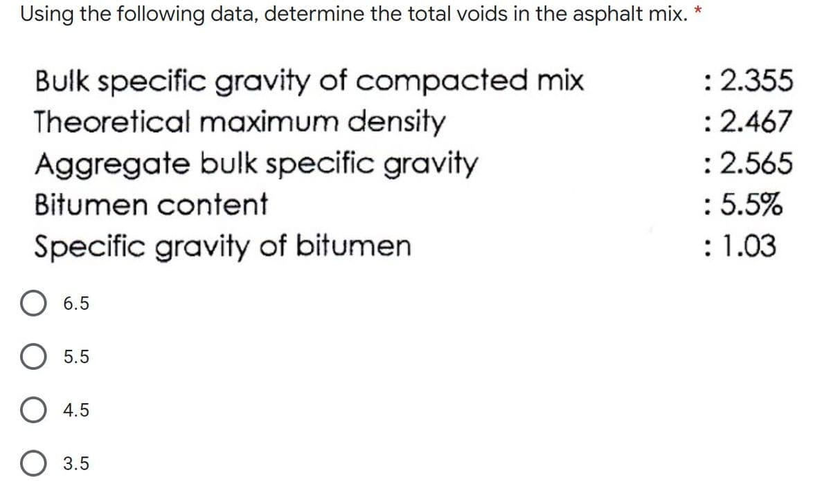 Using the following data, determine the total voids in the asphalt mix.
*
: 2.355
Bulk specific gravity of compacted mix
Theoretical maximum density
:2.467
Aggregate bulk specific gravity
: 2.565
Bitumen content
:5.5%
Specific gravity of bitumen
: 1.03
О 65
5.5
4.5
О 3.5
