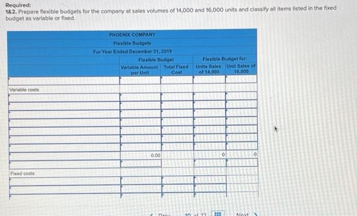 Required:
182. Prepare flexible budgets for the company at sales volumes of 14,000 and 16,000 units and classify all items listed in the fixed
budget as variable or fixed.
PHOENIX COMPANY
Flexible Budgets
For Year Ended December 31, 2019
Flexible Budget
Flexible Budget for:
Variable Amount Total Fixed
Cost
Units Sales Unit Sales of
of 14,000
per Unit
16,000
Variable costs
0.00
Fixed costs
Nevt
